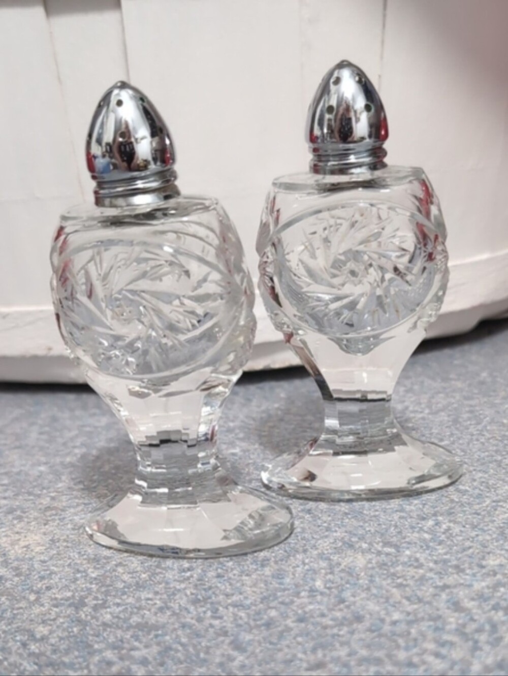 Vintage Bohemian Cut Crystal Pedestal Pinwheel Salt and Pepper Shakers Set